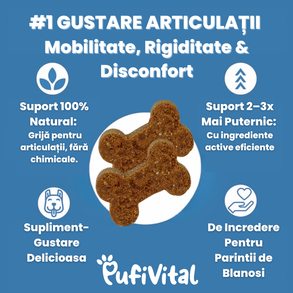 suplimente câini, suplimente naturale câini, articulații câini, calmant câini, sănătate câini, PufiVital